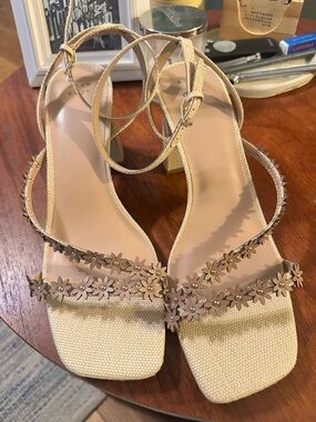 a new day Beige Floral Strap Block Heel Sandals